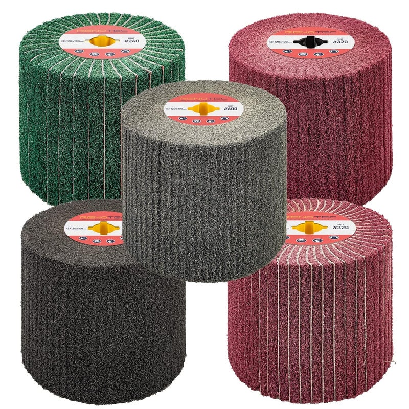 RENOTEC Non-Woven Wire Drawing Flap Wheel, 120x100mm, for Stainless Steel Satin Finishing and Metal Surface Treatment, Conditioning Drum Buffin for Burnishing Polishing Machine (240-600 Grit Set) - Image 1
